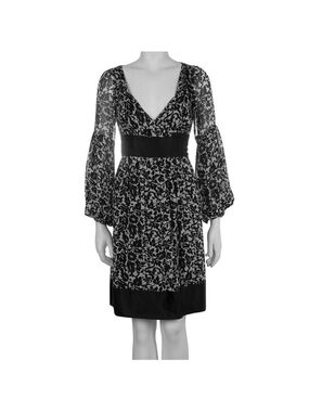 DVF Silk Wrap Dress Black White Floral Sheer Sleeves